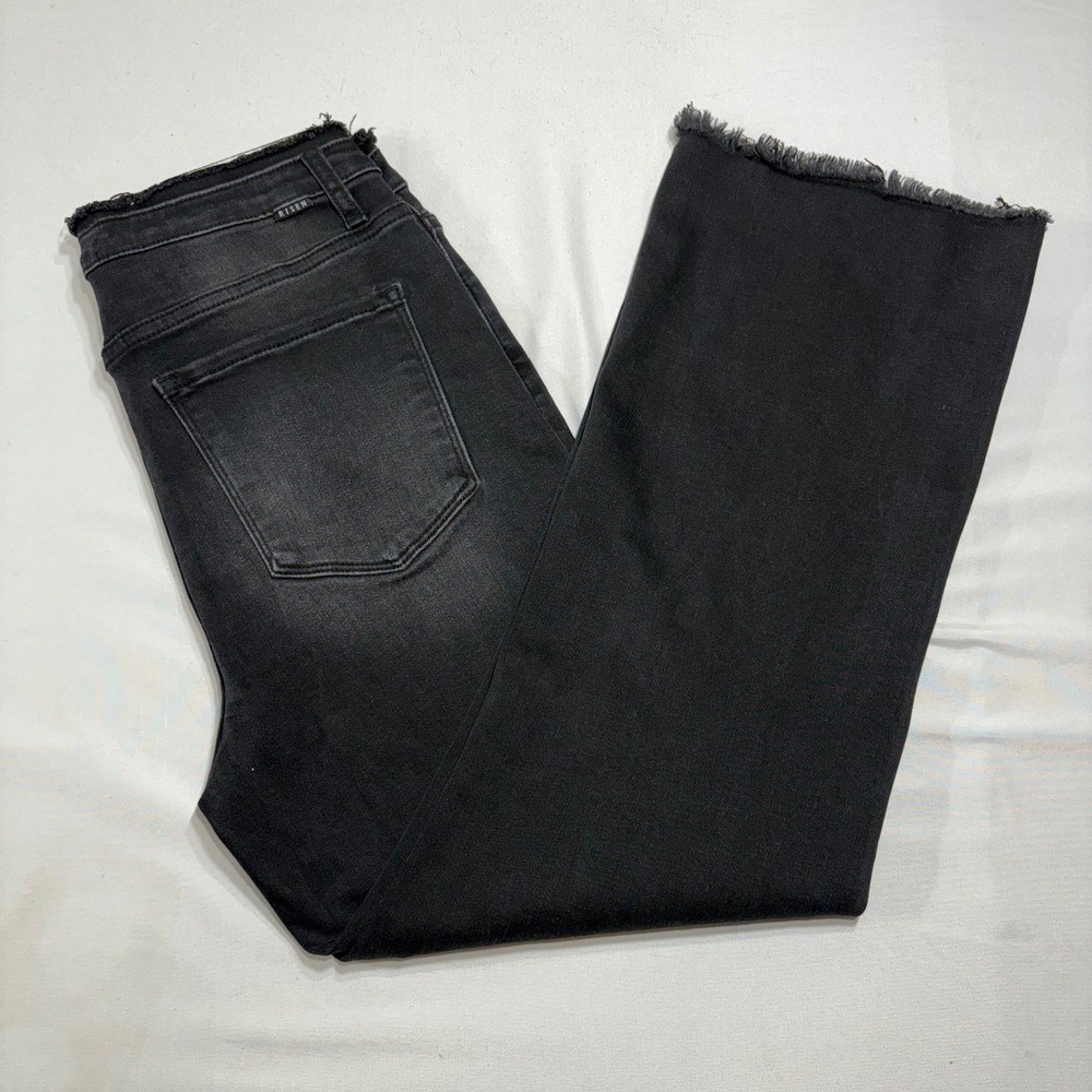 Risen Jeans Wide Leg Women 13/31 Black Cropped Raw Frayed Hem High Rise Grunge